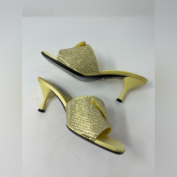 Prada Crystal Embellished Satin Mules Butter Yellow Triangle Logo Open Toe 37.5 - Picture 5 of 8